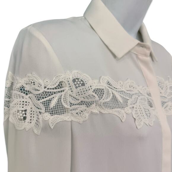The Kooples White Floral Lace Crepe Long Sleeve Sheer Button Down Blouse Sz XS - Picture 11 of 13